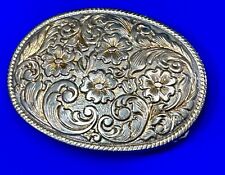 Vintage Chambers brand ornate silver tone oval western belt buckle picture