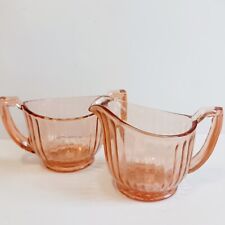 Vtg Depression Glass Sugar Bowl & Creamer Pink Vertical Ribbed Starburst Bottom  picture