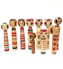 Traditional Kokeshi Dolls 10 Pieces 18-30Cm Crafts Vintage picture
