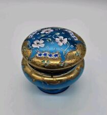 Atq Moser Bohemian Turquoise Hand Painted Gilded Floral Glass Hinged Powder Jar picture