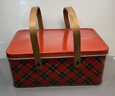Vintage Picnic Basket Carrier Wood Handles Golden Cookies Tin Red Plaid picture