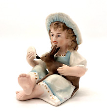 Antique German Porcelain Bisque Piano Baby Figurine Girl In Bonnet Feeding Deer picture