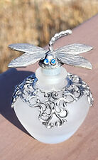 Frosted Glass Perfume Bottle with Pewter Colored Blue Crystal Dragonfly Stopper picture