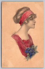 Postcard Antique Artist Signed Portrait Bust Woman Headband Blue Flowers A20 picture