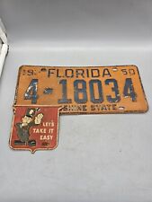 1950 Florida License Plate Garage Orange Blue 4-18034  Tag Let's Take it Easy picture