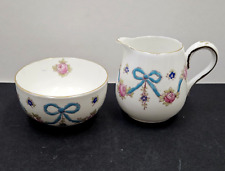 Old Crown Staffordshire Hand Painted Blue Bow Roses Creamer & Sugar Set England picture