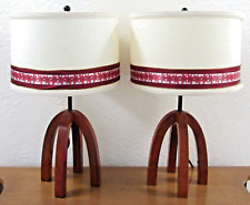 Matched Pair Mid-Century Danish Modern Cherry Wood Four Leg Table Lamps Shades picture