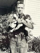 VG Photograph 1947 Young Man Holding Arms Full Of Puppys Dogs picture