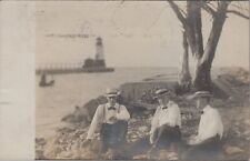 Lighthouse, Three Gentlemen on Shore RPPC Postcard, Lorain Ohio 1908 PM picture