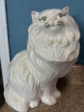 Vintage Ceramic White Persian Cat Green Eyes Sitting Statue Large 14