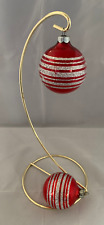 Vintage Glass Red Christmas ornaments with silver glitter stripes Lot of 2 small picture