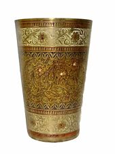 Vintage Brass Floral Engraved Etched Painted Lassi Cup Tumbler Made In India picture