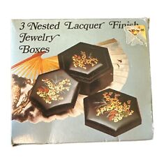 Vintage Set Of 3 Oriental Lacquered Finish Nesting Jewelry Trinket Boxes NOS 80s picture