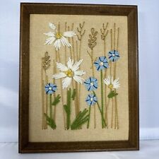 VTG 60’S 70'S BOHO  COTTAGECORE FRAMED NEEDLEPOINT DAISY FLORAL CREWEL WALL ART picture