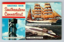 CT-Connecticut, Scenic Greetings, Boats On Water, Building, Vintage Postcard picture