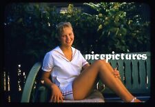 1950s Kodachrome slide - Happy Smiling Well Dressed Teenage Girl Porch Glider picture