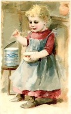 1890s Color Victorian Trade Card Borden Eagle Condensed Milk. Toddler In Apron picture