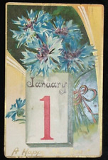 ANTIQUE TUCK'S POSTCARD A HAPPY NEW YEAR - FLOWERS & JANUARY 1 ON CALENDAR PAGE picture