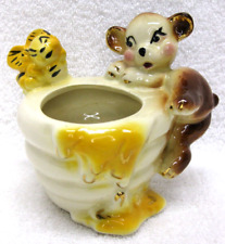 VTG Ceramic Bear Bee Hive Honey Container Planter Vase Hand Painted Gold Accent picture