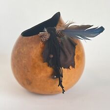 Handmade Gourd Bowl Native American Feathers Pine Cones Signed Paddy 2004 picture
