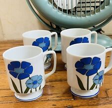 Vintage MCM Blue + White Flower Mod Ceramic Footed Mugs Cups  Set Of 4 picture
