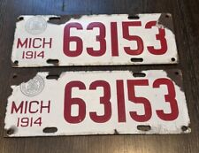 1914 Matching Pair Porcelain Michigan License Plates picture