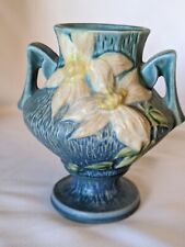 Vintage Roseville Pottery double handled vase 188-6 blue green Clematis flowers picture