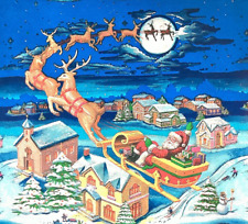 VINTAGE CHRISTMAS GIFT WRAP SMILING SANTA REINDEER SLEIGH in the Sky 2ft X 20in picture