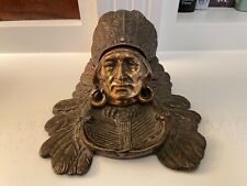 IMPRESSIVE ANTIQUE AFTER REMINGTON, LATE 19TH CENTURY GILT BRONZE INKWELL CHIEF picture
