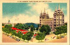 Linen~Air View Mormon Temple Square Salt Lake City Utah~Vintage Postcard 1940s picture