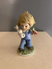 Vintage Homco Figurine # 1424 Boy With Bunny Rabbit Carrots Coveralls Figure picture