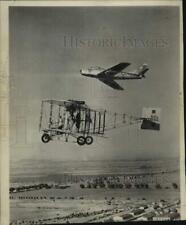 1952 Press Photo Air Force F-86 Sabre Jet Flying Next to a 1912 Pusher Biplane picture