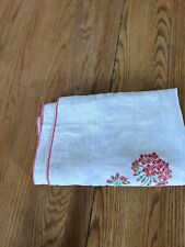 - Vintage Linen Tablecloth  48x48 Floral Cross Stitch Red Trim picture