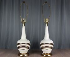 Pair mid century modern Genie bottle speckled pottery table lamps w gold stripes picture