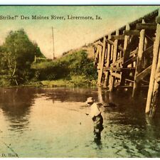 c1910s Livermore, IA Man Fishing Des Moines River Photo Postcard Hand Color A25 picture