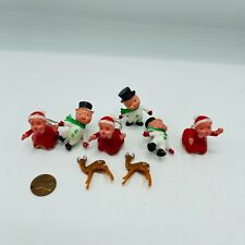 6 Vintage Christmas Plastic Decor Girl Boy Snowman Reindeer Mini Tree Decor  picture
