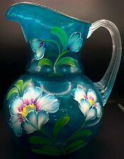Rare Fenton Presidents 1905-2005 Limited Ed Hand Painted Blue Glass Pitcher Vase picture