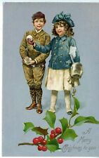 Antique Merry Christmas Postcard Children Snowballs Holly Silver Posted 1906 picture