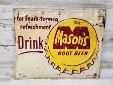 Vintage Original Drink Mason's Root Beer Metal Embossed Soda Sign Stout Co 17x14 picture