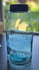 Antique MASON'S Patent Nov 30, 1858 1/2 Gallon Jar Aqua Glass - Ball Zinc Lid picture