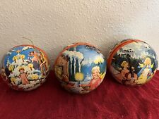 3 Vintage Paper Mache Round West Germany Candy Container Ornaments Santa, Angels picture