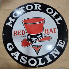 RED HAT GASOLINE PORCELAIN ENAMEL SIGN 30 INCHES ROUND picture