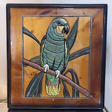 3D Wood Art Bird Hand Crafted Green Parrot Perched on a Tree Signed 93' picture
