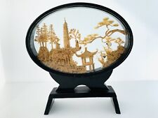 VTG Asian Diorama Cork Art Sculpture -Cranes Trees Hut Pagoda Black Frame/Stand picture