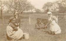 1920s Young Girls Boy Mom Orchard with Calf Cow White Dress Black & White Photo picture