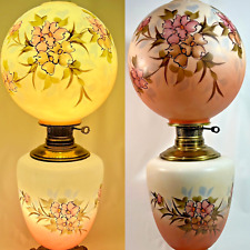 Antique Victorian Hand Painted GWTW Banquet Parlor Lamp Pink Floral Double Light picture