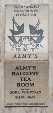 VINTAGE MATCHBOOK COVER ALMY'S BALCONY TEA ROOM SODA FOUNTAIN SALEM, MASS. picture