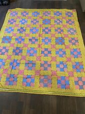 Antique Handmade Crazy Quit Large 74”x84” Multicolored Yellow Reverse Hand Made picture