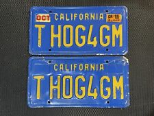CALIFORNIA PAIR OF LICENSE PLATES BLUE T HOG4GM OCTOBER 1986 VANITY PERSONALIZED picture