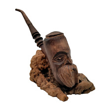 Vintage Hand Carved Face Dark Wood Pipe with Burl Wood Stand picture